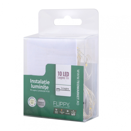 Instalatie Craciun, Liniara, 1 m, Baterii, 10 LED-uri, Alb Cald, Fir Cupru, Interior/Exterior, Flippy [1]