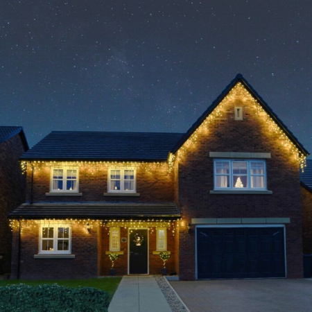 Turturi / Franjuri - Instalatie Craciun Profesionala de Exterior IP65, 25 m, 600 Led-uri Mari ,Franjuri, Alb cald, Flash, Alimentator, Interconectabila, Fir Negru Cauciucat, 220v, Flippy