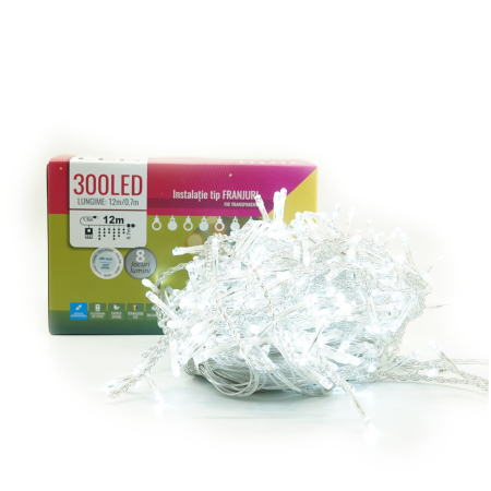 Instalatie Craciun Yoto, Tip Franjuri/Turturi, 12 m, 300 LED-uri, Prelungitor 1.5 m, 8 Jocuri de Lumini, Interconectabila, Conectare la Retea, Fir transparent, Interior/Exterior, Alb Rece [7]