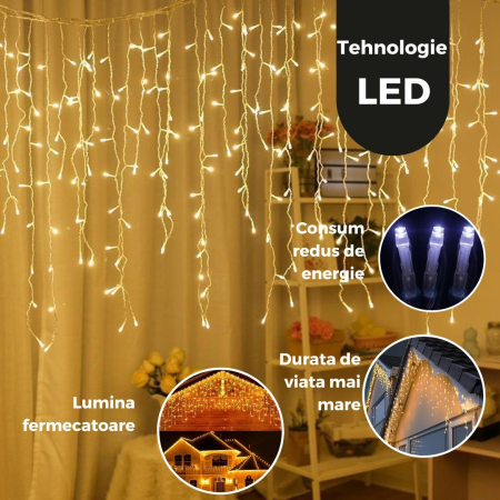 Instalatie Craciun Yoto, Tip Franjuri/Turturi, 4 m, 120 LED-uri, Prelungitor 1.5 m, 8 Jocuri de Lumini, Interconectabila, Conectare la Retea, Fir transparent, Interior/Exterior, Alb Cald [3]