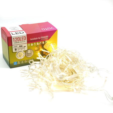 Instalatie Craciun Yoto, Tip Franjuri/Turturi, 4 m, 120 LED-uri, Prelungitor 1.5 m, 8 Jocuri de Lumini, Interconectabila, Conectare la Retea, Fir transparent, Interior/Exterior, Alb Cald [8]