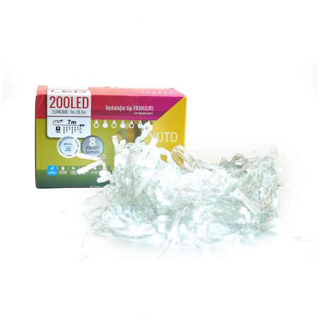 Instalatie Craciun Yoto, Tip Franjuri/Turturi, 7 m, 200 LED-uri, Prelungitor 1.5 m, 8 Jocuri de Lumini, Interconectabila, Conectare la Retea, Fir transparent, Interior/Exterior, Alb Rece [7]