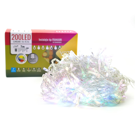 Instalatie Craciun Yoto, Tip Franjuri/Turturi, 7 m, 200 LED-uri, Prelungitor 1.5 m, 8 Jocuri de Lumini, Interconectabila, Conectare la Retea, Fir transparent, Interior/Exterior, Multicolor [6]