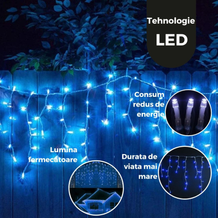 Instalatie Craciun Yoto, Tip Franjuri/Turturi, 7 m, 200 LED-uri, Prelungitor 1.5 m, 8 Jocuri de Lumini, Interconectabila, Conectare la Retea, Fir transparent, Interior/Exterior, Albastru [5]