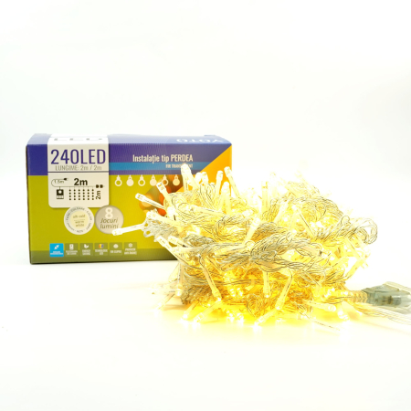 Instalatie Craciun Yoto, Tip Perdea, 2 m x 2 m, 240 LED-uri, Prelungitor 1.5 m, 8 Jocuri de Lumini, Interconectabila, Fir transparent, Interior/Exterior, Alb Cald [5]