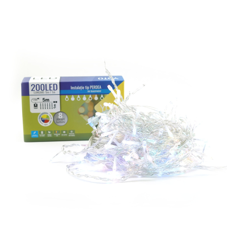 Instalatie Craciun Yoto, Tip Perdea, 5 m x 1 m, 200 LED-uri, Prelungitor 1.5 m, 8 Jocuri de Lumini, Interconectabila, Fir transparent, Interior/Exterior, Multicolor [5]