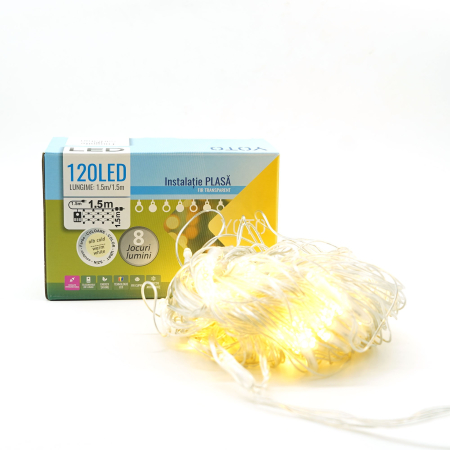 Instalatie Craciun Yoto, Tip Plasa, 1.5 m x 1.5 m, 120 LED-uri, Prelungitor 1.5 m, 8 Jocuri de Lumini, Interconectabila, Fir transparent, Interior/Exterior, Alb Cald [5]