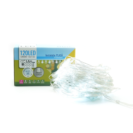 Instalatie Craciun Yoto, Tip Plasa, 1.5 m x 1.5 m, 120 LED-uri, Prelungitor 1.5 m, 8 Jocuri de Lumini, Interconectabila, Fir transparent, Interior/Exterior, Alb Rece [6]
