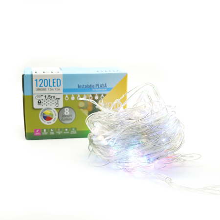 Instalatie Craciun Yoto, Tip Plasa, 1.5 m x 1.5 m, 120 LED-uri, Prelungitor 1.5 m, 8 Jocuri de Lumini, Interconectabila, Fir transparent, Interior/Exterior, Multicolor [6]