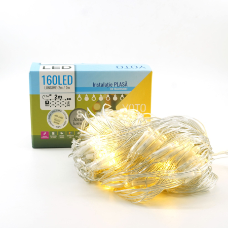 Instalatie Craciun Yoto, Tip Plasa, 2 m x 2 m, 160 LED-uri, Prelungitor 1.5 m, 8 Jocuri de Lumini, Interconectabila, Fir transparent, Interior/Exterior, Alb Cald [4]