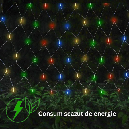 Instalatie Craciun Yoto, Tip Plasa, 2 m x 2 m, 160 LED-uri, Prelungitor 1.5 m, 8 Jocuri de Lumini, Interconectabila, Fir transparent, Interior/Exterior, Multicolor [3]
