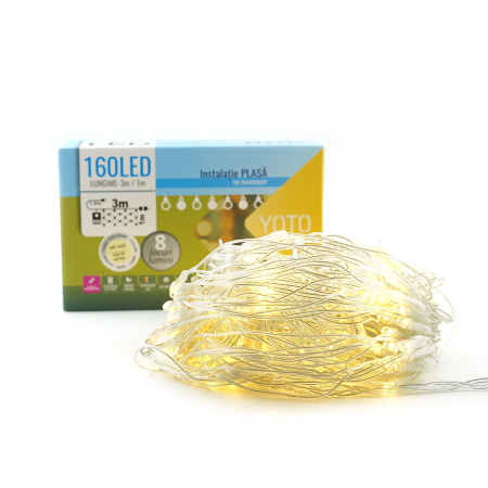 Instalatie Craciun Yoto, Tip Plasa, 3 m x 1 m, 160 LED-uri, Prelungitor 1.5 m, 8 Jocuri de Lumini, Interconectabila, Fir transparent, Interior/Exterior, Alb Cald [5]