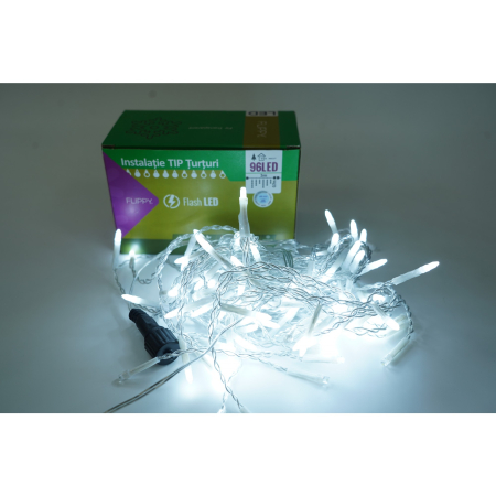 Turturi / Franjuri - Instalatie de Craciun Flippy® Tip Turturi, Franjuri cu Flash, Sectiune 3 m, 96 LED-uri, Interconectabila, Fir Transparent, Alb Rece