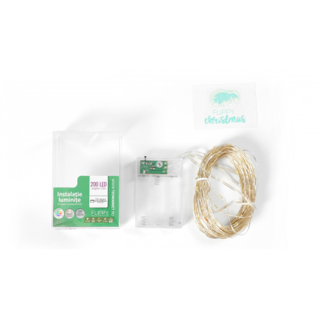 Instalatie de Craciun, Liniara, 20 m, Baterii, 200 LED-uri, Multicolor, 2 Jocuri de Lumini, Fir Cupru, Interior/Exterior, Flippy [6]