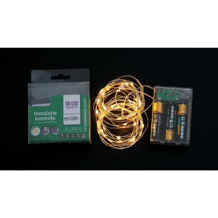 Instalatie de Craciun, Liniara, 5 m, Baterii, 50 LED-uri, Alb Cald, Fir Cupru, 2 Jocuri de Lumini, Interior/Exterior, Flippy [10]