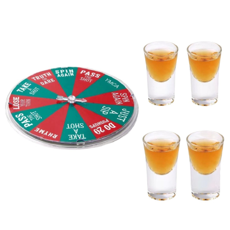 Jocuri de societate - Joc de Baut Flippy, Ruleta Norocoasa, cu 4 Pahare de Shot, +18 Ani, Rosu/Verde