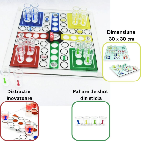 Joc de baut, Nu te supara frate, Flippy, cu pahare de shot din sticla, 30x30 cm, multicolor [3]