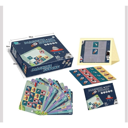 Joc educativ Sudoku cu tablita magnetica, 35 de piese, cartonase spatiu, Albastru [3]