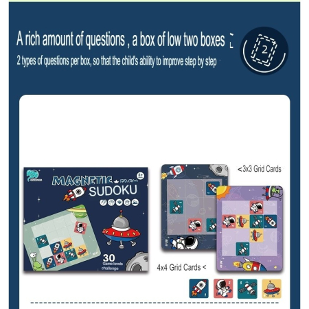 Joc educativ Sudoku cu tablita magnetica, 35 de piese, cartonase spatiu, Albastru [13]