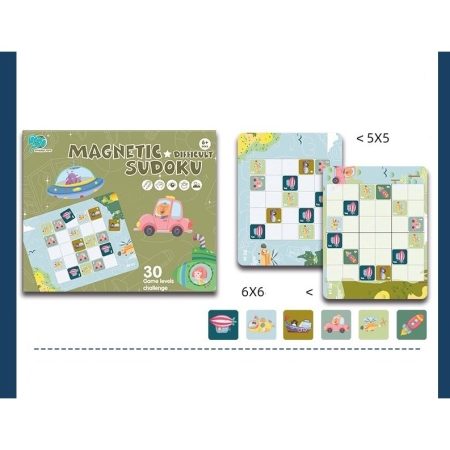 Joc educativ Sudoku cu tablita magnetica, 53 de piese, cartonase cu trafic, Verde [13]