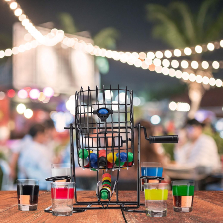 Joc Mini Loterie Flippy, Bingo, cu Pahare de Shot din Sticla, 20 x 20 x 19 cm, 48 Bile, Negru [4]