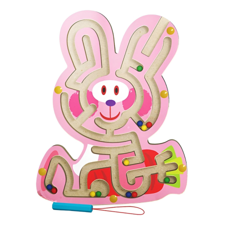 Jucarii din lemn - Joc Montessori cu Bile, Flippy, Creion Magnetic, Tip Labirint, din Lemn, Model Iepuras, 19.5x15.5 cm, Roz