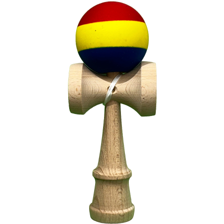 Kendama - Jucarie Interactiva Kendama Profesionala, Flippy, din Lemn, 18 cm, Joc de Indemanare pentru Copii si Adulti, Multicolor Rosu Galben Albastru inchis