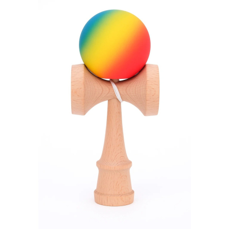 Articole pentru copii - Jucarie Interactiva Kendama, Flippy, din Lemn, 18 cm, Joc de Indemanare pentru Copii si Adulti, Model Gradient 3, Rosu/Galben/Albastru
