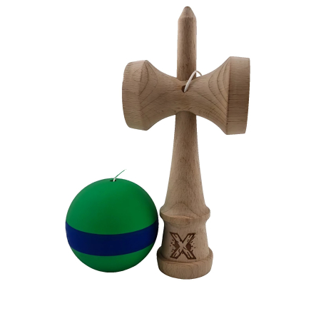 Kendama X Originala, Profesionala, Flippy, 18 cm, din Lemn, Rubber Grip, Verde/Albastru [3]