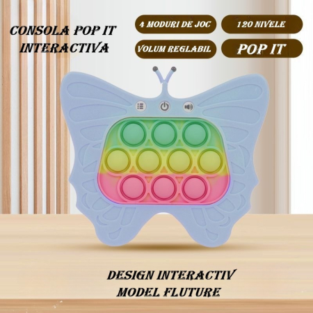 Jucarie Interactiva Tip Consola pentru Copii, Flippy, Diferite Moduri de Joc, 120 Nivele, Material ABS/silicon, Sunete si Lumini, 12 x 5.5 x 13.5 cm cm, Model Fluture, Albastru Deschis [2]
