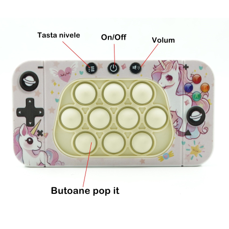 Jucarie interactiva tip consola pentru copii Flippy, speed push whack-a-mole, joc de viteza pop it, material ABS/silicon, cu nivele, sunete si lumini, 15.5 x 7.6 x 5.3 cm, model unicorn, roz [4]