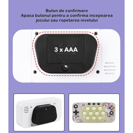 Jucarie interactiva tip consola pentru copii Flippy, speed push whack-a-mole, joc de viteza pop it, material ABS/silicon, cu nivele, sunete si lumini, 15.5 x 7.6 x 5.3 cm, model unicorn, roz [5]