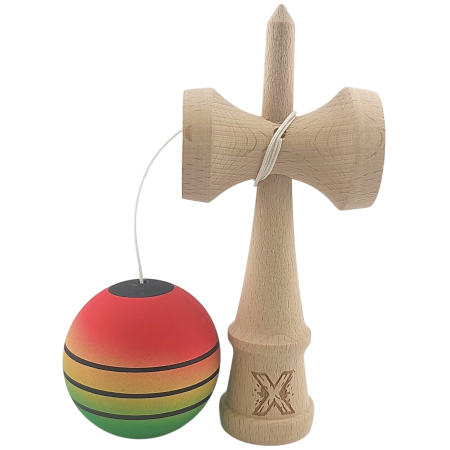 Kendama X Originala, Profesionala, Flippy, din Lemn, Rubber Grip, 18 cm, Rosu/Galben/Verde [1]