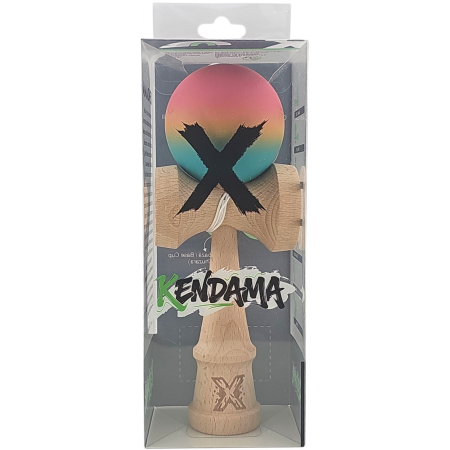 Kendama X Originala, Profesionala, Flippy, din Lemn, Rubber Grip, 18 cm, Roz/Galben/Albastru [1]