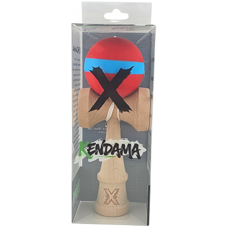 Kendama X Originala, Profesionala, Flippy, 18 cm, din Lemn, Rubber Grip, Rosu/Albastru [1]