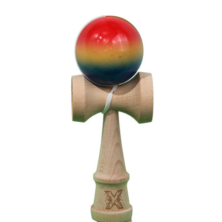 Jucarii Copii si Bebe - Jucarie Kendama X Originala, Profesionala, Flippy, Super Sticky din Lemn, 18 cm, Gradient Rosu/Galben/Albastru