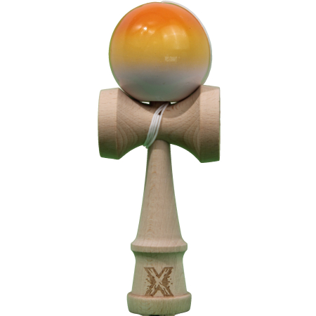 Articole pentru copii - Jucarie Kendama X Originala, Profesionala, Flippy, Super Sticky din Lemn, 18 cm, Gradient Portocaliu/Galben/Alb