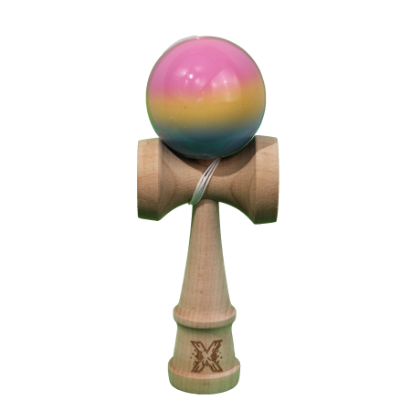 Articole pentru copii - Jucarie Kendama X Originala, Profesionala, Flippy, Super Sticky din Lemn, 18 cm, Gradient Roz/Galben/Albastru