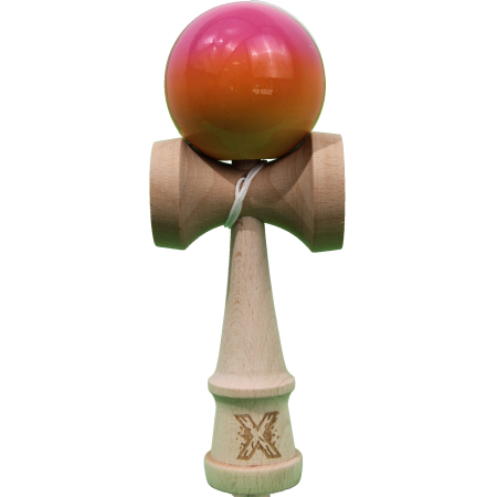 Jucarii Copii si Bebe - Jucarie Kendama X Originala, Profesionala, Flippy, Super Sticky din Lemn, 18 cm, Gradient Roz/Portocaliu/Galben