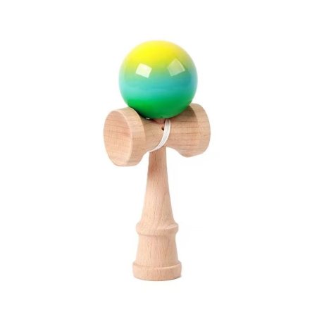 Articole pentru copii - Jucarie Kendama X Originala, Profesionala, Flippy, Super Sticky din Lemn, 18 cm, Gradient Galben/Albastru deschis/Verde