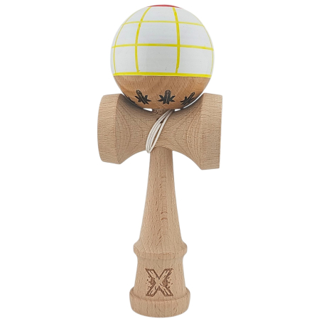 Articole Pentru Copii - Jucarie Kendama X Originala, Profesionala Limited, Flippy, din Lemn cu Bila din Invelis SUPER STICK, 18 cm, Joc pentru Copii si Adulti, Alb/Galben