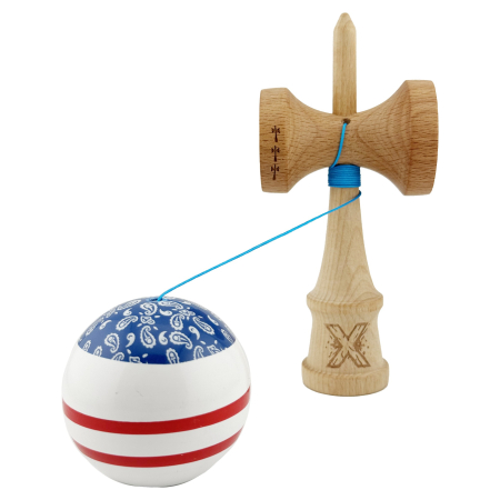 Kendama X CHICANOS Originala, Profesionala, Flippy, Big Cups V2, Super Sticky cu Cupe Mari, Rulment Metalic, din lemn 18 cm, Ata 55 cm, Albastru/Alb [2]
