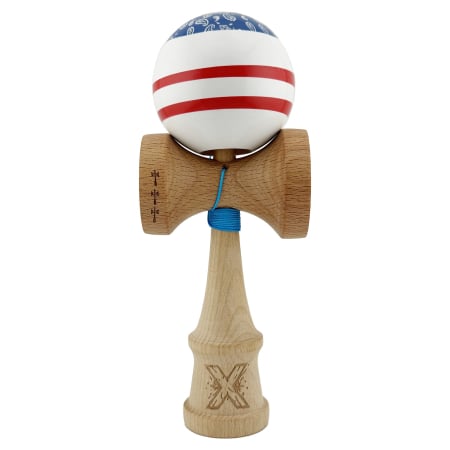 Kendama Chicanos V2 Cupe Mari - Kendama X CHICANOS Originala, Profesionala, Flippy, Big Cups V2, Super Sticky cu Cupe Mari, Rulment Metalic, din lemn 18 cm, Ata 55 cm, Albastru/Alb