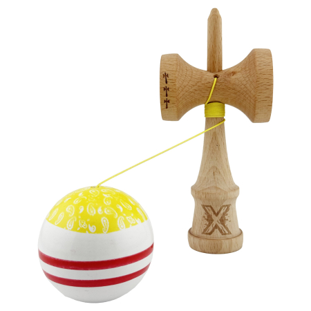 Kendama X CHICANOS Originala, Profesionala, Flippy, Big Cups V2, Super Sticky cu Cupe Mari, Rulment Metalic, din lemn 18 cm, Ata 55 cm, Auriu/Alb [2]