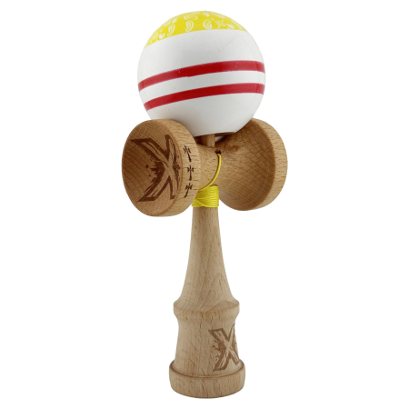 Kendama X CHICANOS Originala, Profesionala, Flippy, Big Cups V2, Super Sticky cu Cupe Mari, Rulment Metalic, din lemn 18 cm, Ata 55 cm, Auriu/Alb [1]