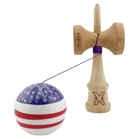 Kendama X CHICANOS Originala, Profesionala, Flippy, Big Cups V2, Super Sticky cu Cupe Mari, Rulment Metalic, din lemn 18 cm, Ata 55 cm, Violet/Alb [2]