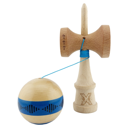 Kendama X FREQUENCY Originala, Profesionala, Flippy, Big Cups V2, Super Sticky cu Cupe Mari, Rulment Metalic, din lemn 18 cm, Ata 55 cm, Albastru/Maro [2]
