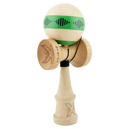 Kendama X FREQUENCY Originala, Profesionala, Flippy, Big Cups V2, Super Sticky cu Cupe Mari, Rulment Metalic, din lemn 18 cm, Ata 55 cm, Verde/Maro [1]