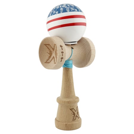 Kendama Chicanos V3 King Size - Kendama X Originala CHICANOS, Profesionala, Flippy, Cupe Mari KING SIZE V3, Super Sticky, Gaura in Baza, Rulment Metalic, din lemn 18 cm, Ata 55 cm, Albastru/Alb