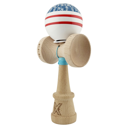 Kendama X Originala CHICANOS, Profesionala, Flippy, Cupe Mari KING SIZE V3, Super Sticky, Gaura in Baza, Rulment Metalic, din lemn 18 cm, Ata 55 cm, Albastru/Alb [2]
